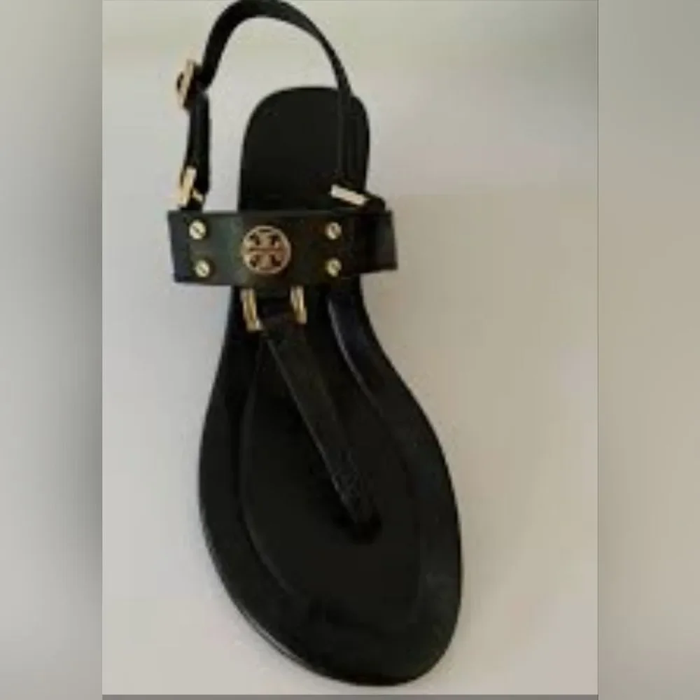 Tory Burch Robinson Demi Wedge Heel Sandal Slingback Black Gold 8.5